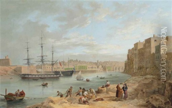 H.m.s. Champion Moored Off Fort St Angelo, Valetta, Malta Oil Painting - Joseph Cartwright