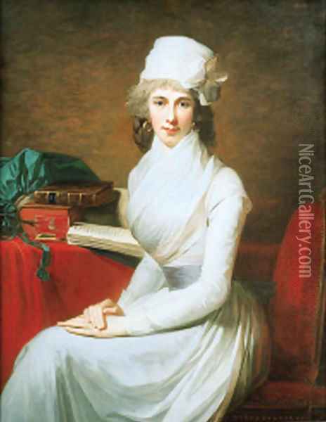 Portrait of Mrs. Henry Pelham, seated three-quarter-length, in a white dress and a white hat, before a table with books Oil Painting - Jean-Laurent Mosnier