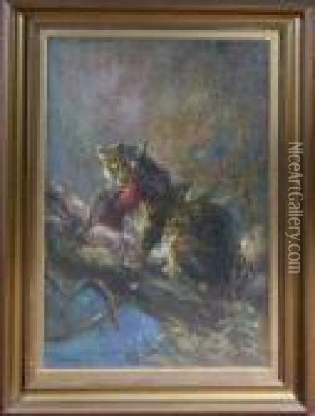 A Leopard And An Exotic Bird On A Bough Oil Painting - Cuthbert Edmund Swan