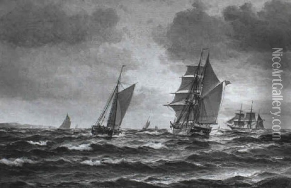 Sejlskibe Pa Havet Ved Solnedgang Oil Painting - Vilhelm Victor Bille