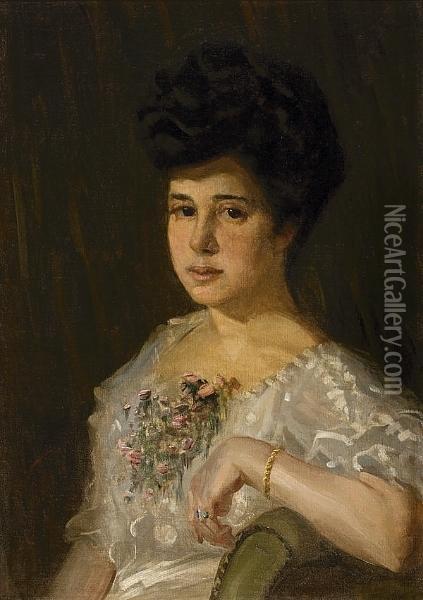 Lady With Bouquet Of Flowers Oil Painting - Symeon Sabbides