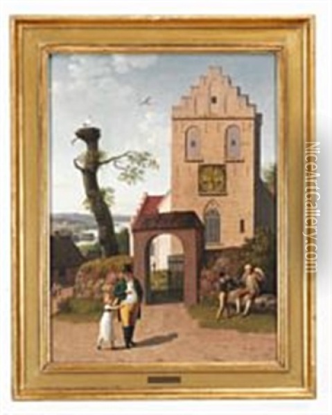 Landscape With A Church With A Real Clock Inserted In The Tower Oil Painting - Christoffer Wilhelm Eckersberg