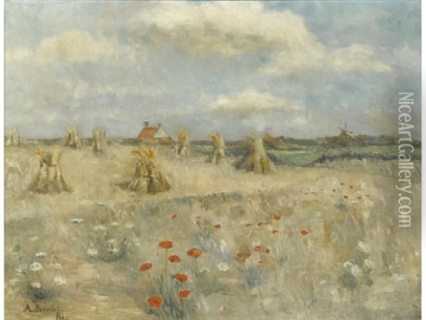 Haystacks In A Field On A Summer's Day Oil Painting - Pierre-Andre Brouillet
