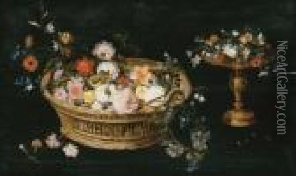 Roses, Peonies, Tulips, 
Narcissi, Carnations, Poppies And Other Flowers In A Basket And A Gilt 
Tazza, On A Table Oil Painting - Jan Brueghel the Younger