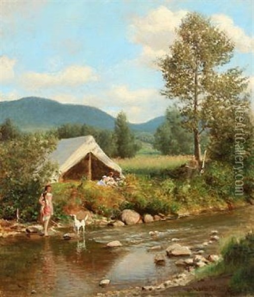 Scene With Family Camp By A Stream In The Wilderness Oil Painting - Helmuth Dirckinck-Holmfeld