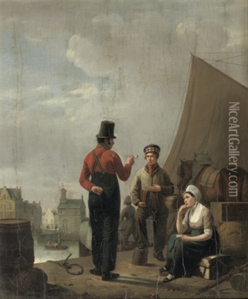 Figures On A Quay In A Town Oil Painting - Pierre Francois Charles Leroy