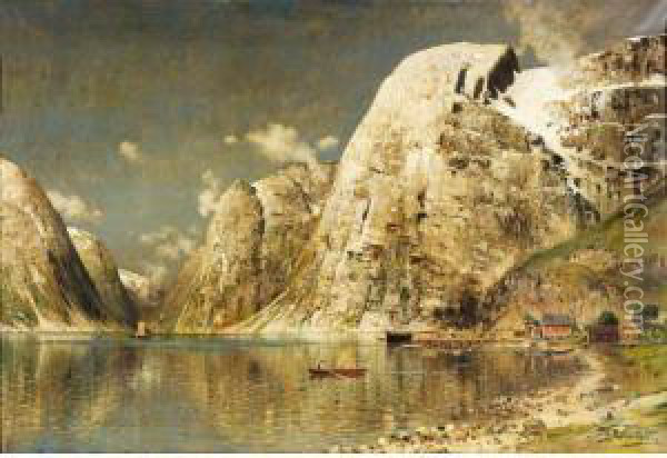 Roendes Pa En Fjord (rowing On A Fjord) Oil Painting - Johann Holmstedt