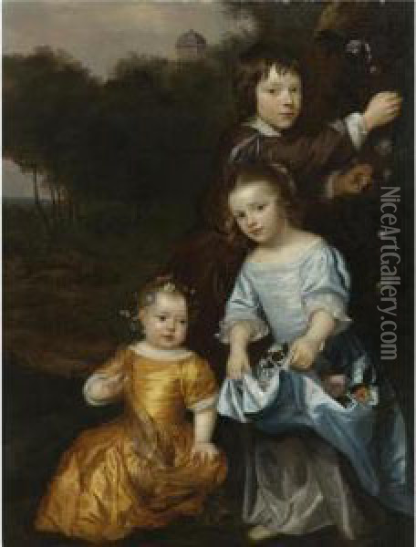 Portrait Of Three Children In A Landscape Oil Painting - Jan Mytens