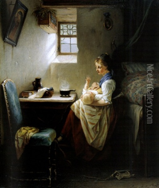 Interieur Mit Mutter Und Kind Oil Painting - August Mueller