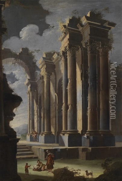 Architekturcapriccio Mit Figuren (+ Another, Similar; Pair) Oil Painting - Leonardo Coccorante