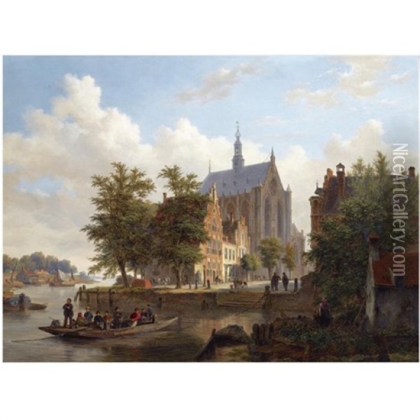 A Ferry Crossing The Binnen Spaarne Canal In Haarlem, The Sint Bavo Church In The Background Oil Painting - Bartholomeus Johannes Van Hove