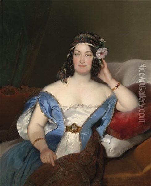 Portrait Einer Dame Mit Reichem Kopfschmuck Und Rosen Im Haar Oil Painting - Friedrich von Amerling