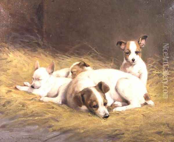 A Terrier with Three Puppies Oil Painting - Gabrielle Rainer-Istuanty