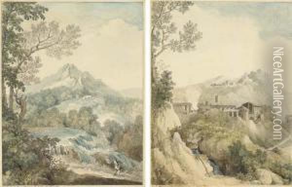 A Mountainous Landscape With A 
Waterfall Near Terni, A Fisherman Inthe Foreground; And A Mountainous 
Landscape Above Tivoli With Awaterfall, Horace's Country House In The 
Foreground Oil Painting - Louis Francois Cassas
