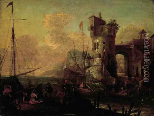 Merchantmen unloading their cargo in an Mediterranean harbour Oil Painting - Thomas Wyck