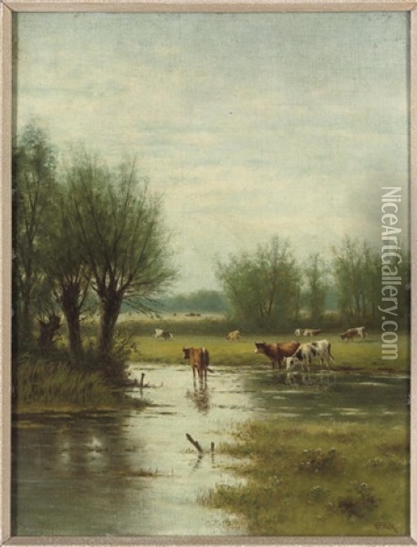Cattle Watering In A Flooded Field (+ A Herder Driving His Cattle Through The Snow; Pair) Oil Painting - William Frederick Hulk