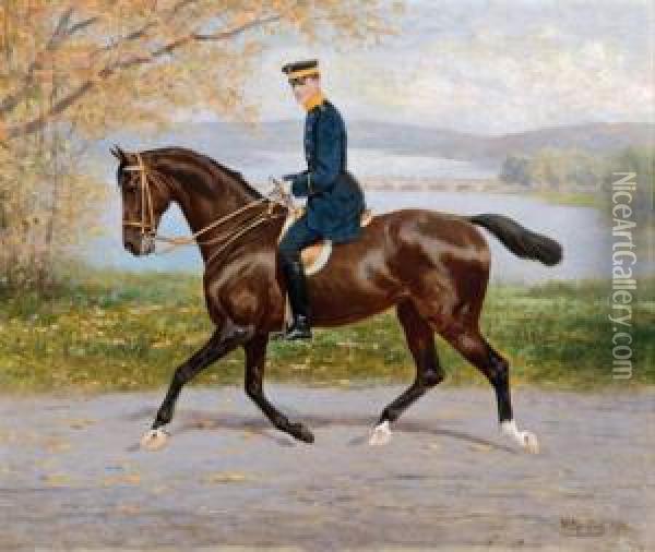 Rittmeister Von Sydow Auf Seinem Rennpferde Zietenhusar Oil Painting - Heinrich Sperling