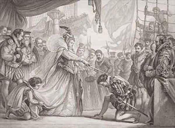 Queen Elizabeth I 1530-1603 knighting Francis Drake 1540-96 from Illustrations of English and Scottish History Volume I Oil Painting - Sir John Gilbert