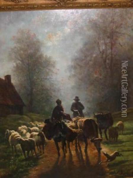 Moonlit Lane With Drovers And Animals Oil Painting - Jules Dupre