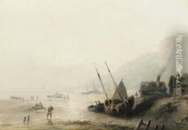 Figures Gathering Seaweed And A Moored Sailboat On A Rocky Coastline Oil Painting - Jules Achille-Noel