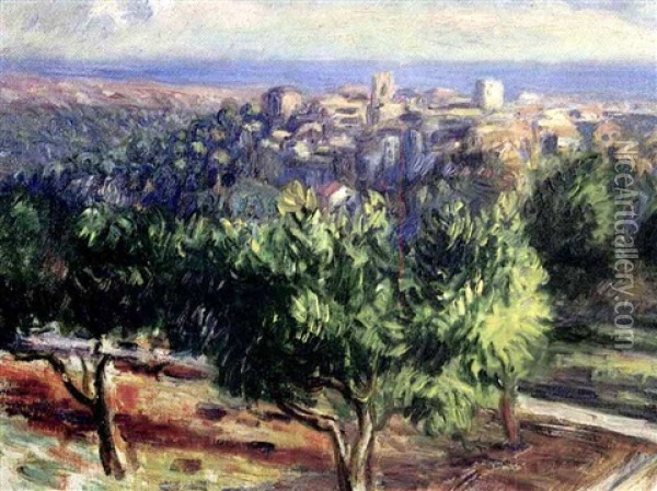 View Of The Town Of Vence Oil Painting - William Glackens