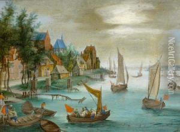 Figures Disembarking Boats Before A River Landscape Oil Painting - Jan Frans I Van Bredael