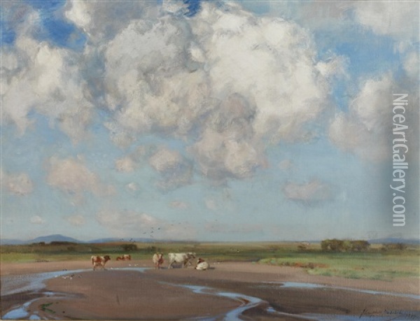 Cattle In An Estuary Oil Painting - John Campbell Mitchell