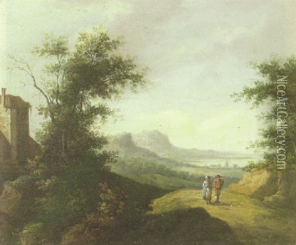 A River Landscape With Figures On A Path In The Foreground And Others Fishing Beyond Oil Painting - Salomon van Ruysdael