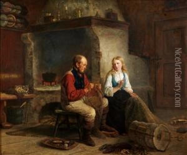 Fiskeren Og Hans Datter 1864 Oil Painting - Adolphe Tidemand