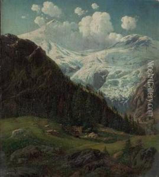 Tiroler Hochalm Mit Blick Auf Den Hintertuxer Gletscher Oil Painting - Josef Von Schlogl