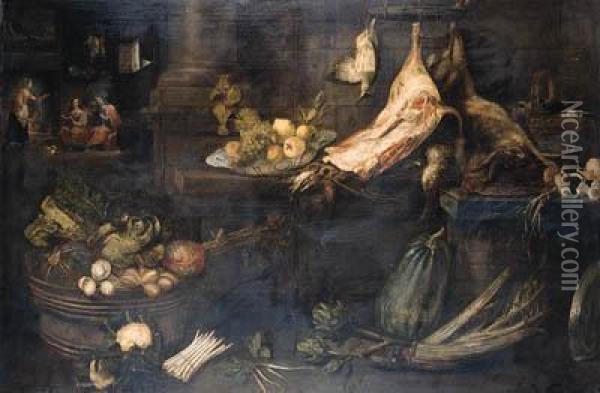 A Kitchen With Dead Snipe, A Leg
 Of Ham And A Dead Hare Hangingfrom Hooks Above Stone Ledges With Dead 
Songbirds In A Copperbucket, Turnips And Fruit On A Wan-li Dish, 
Cabbages And Turnips Ina Barrel With Cauliflower, Asparagus And 
Artichokes On T Oil Painting - Frans Ykens