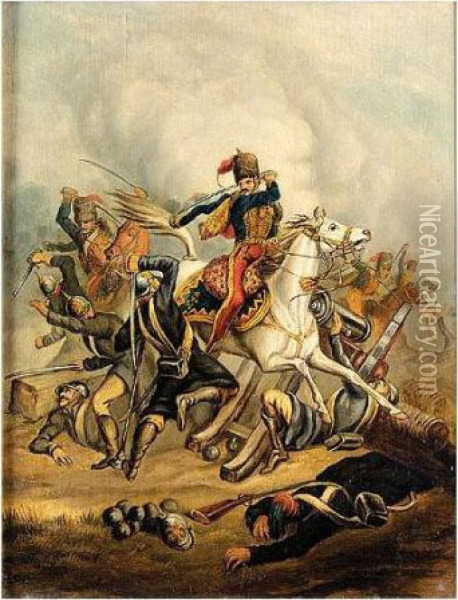 Charge Of The Light Brigade; 
11th Hussars - Riding Through The Russian Guns, 20th October, 1854 Oil Painting - Charles, Taylor Snr.