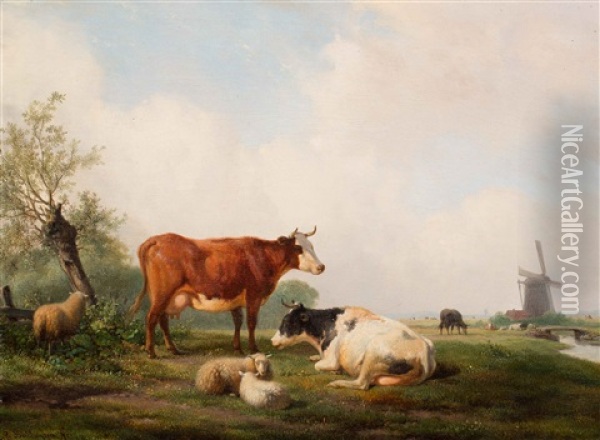 A View Of Dutch Meadows With Cows And Sheep Oil Painting - Hendrik van de Sande Bakhuyzen