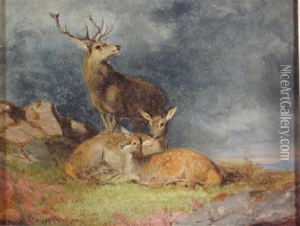 A Stag And Does In A Highland Landscape Oil Painting - James William Giles