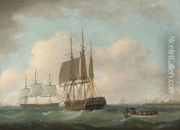 English frigates hove-to off a port, with officers being rowed ashore Oil Painting - William Anderson