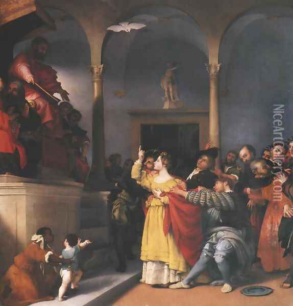 St. Lucy Before the Judge Oil Painting - Lorenzo Lotto