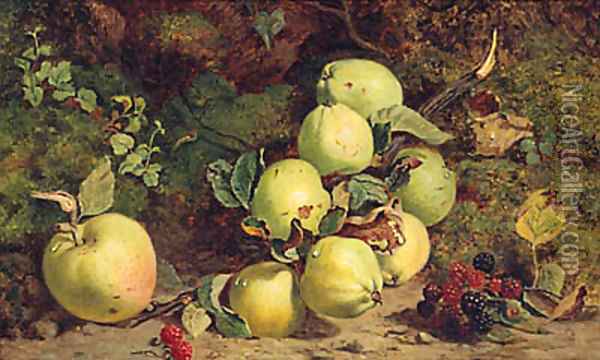 Apples And Raspberries On A Mossy Bank Oil Painting - William B. Hough