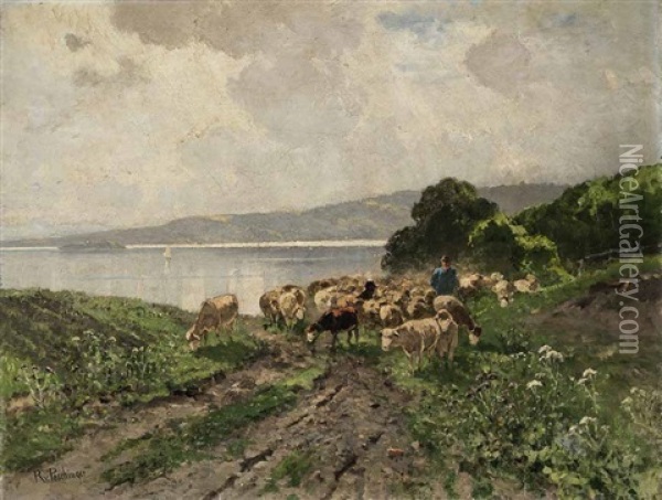 Schafer Mit Seiner Herde In Weiter Sommerlandschaft Vor Einem Seeufer (starnberger See?) Oil Painting - Richard Von Poschinger