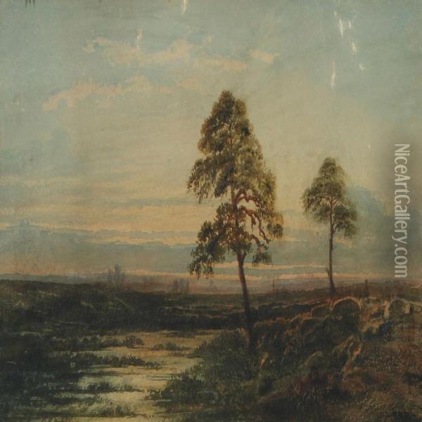 Landscape With Trees And People In The Background Acity Oil Painting - Theodore Rousseau
