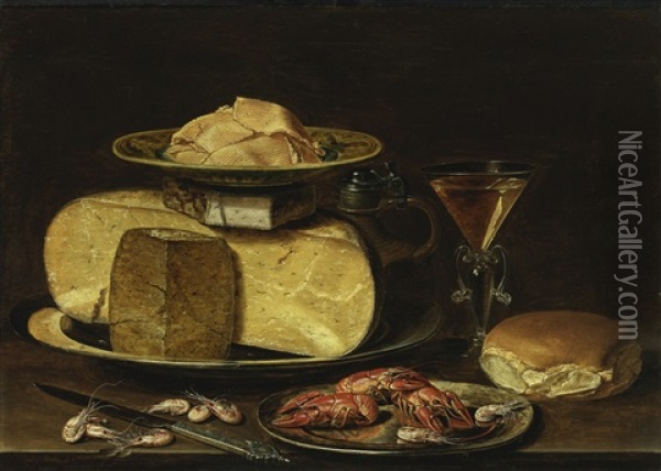 Slices Of Butter On A Wanli 'kraak' Porcelain Dish, A Stack Of Cheese On A Pewter Plate, With A Jug, A Facon-de-venise Wineglass, A Bun, Crayfish On A Pewter Plate, A Knife And Shrimp On A Table Oil Painting - Clara Peeters