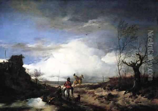Two men hawking in an extensive landscape Oil Painting - Philips Wouwerman