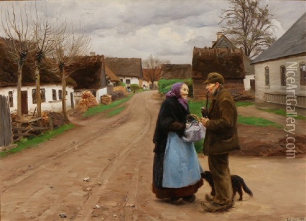 Two Elderly In Conversation In A Village Oil Painting - Hans Andersen Brendekilde