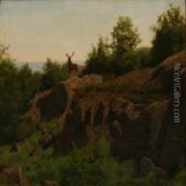 Rocky Landscape With A Stag Oil Painting - Carl Henrik Bogh