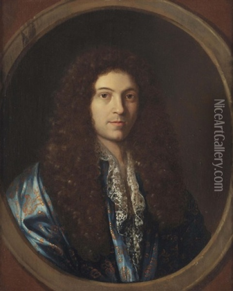 Portrait Of A Gentleman, Traditionally Said To Be Jean-baptiste Lully (1632-1687), Bust-length, In A Goldembroidered Blue Coat, In A Feigned Oval Oil Painting - Pierre Mignard the Elder