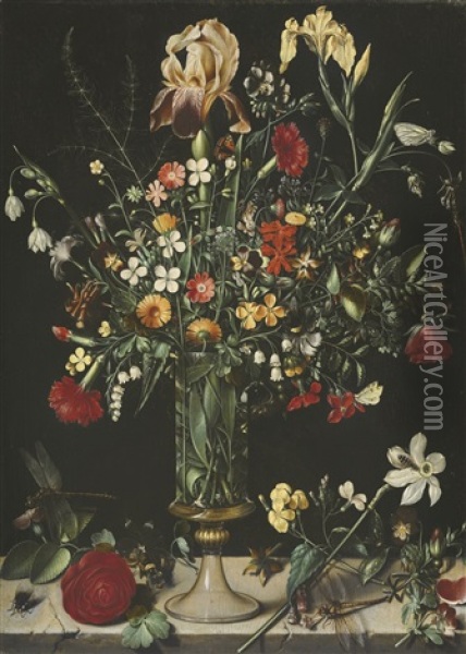 A Still Life Of Flowers, Including Irises, Narcissi, Lily-of-the-valley And Carnations, In A Tall Glass Vase Set On A Stone Ledge Oil Painting - Ambrosius Bosschaert the Elder