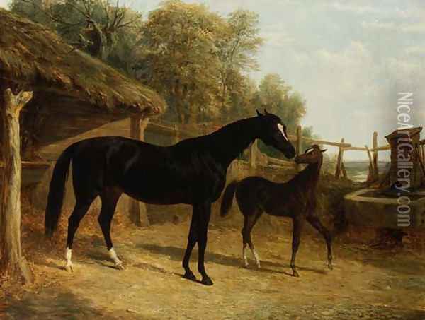 Levity, the property of J.C.Cockerill Esq., with her foal Queen Elizabeth, the property of Lord Dorchester, 1843 Oil Painting - John Frederick Herring Snr
