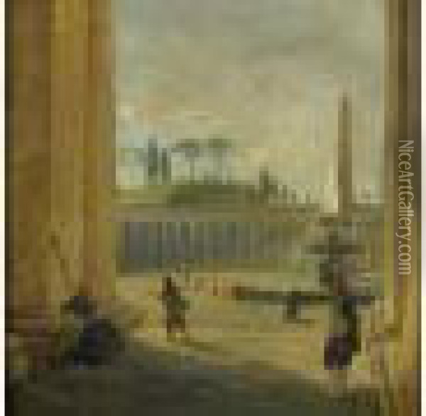 Vue De La Place Saint-pierre Avec Des Pelerins Sous La Colonnade Oil Painting - Hubert Robert