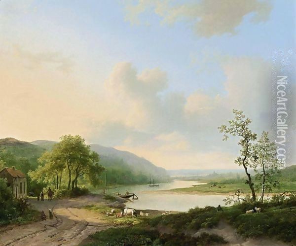 An Extensive River Landscape Oil Painting - Marianus Adrianus Koekkoek