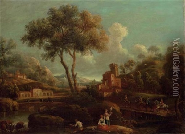 An Italianate Landscape With Peasants Fishing By A River, Horsemen Crossing A Bridge Beyond Oil Painting - Giovanni Battista Cimaroli