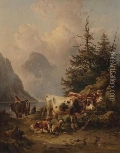 Magd Mit Vieh Am Brunnen Oil Painting - Edmund Mahlknecht